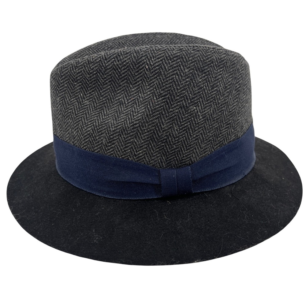 Vintage Fedora by The Hatter Company Herringbone Tweed Black Brim‎ Blue Hatband